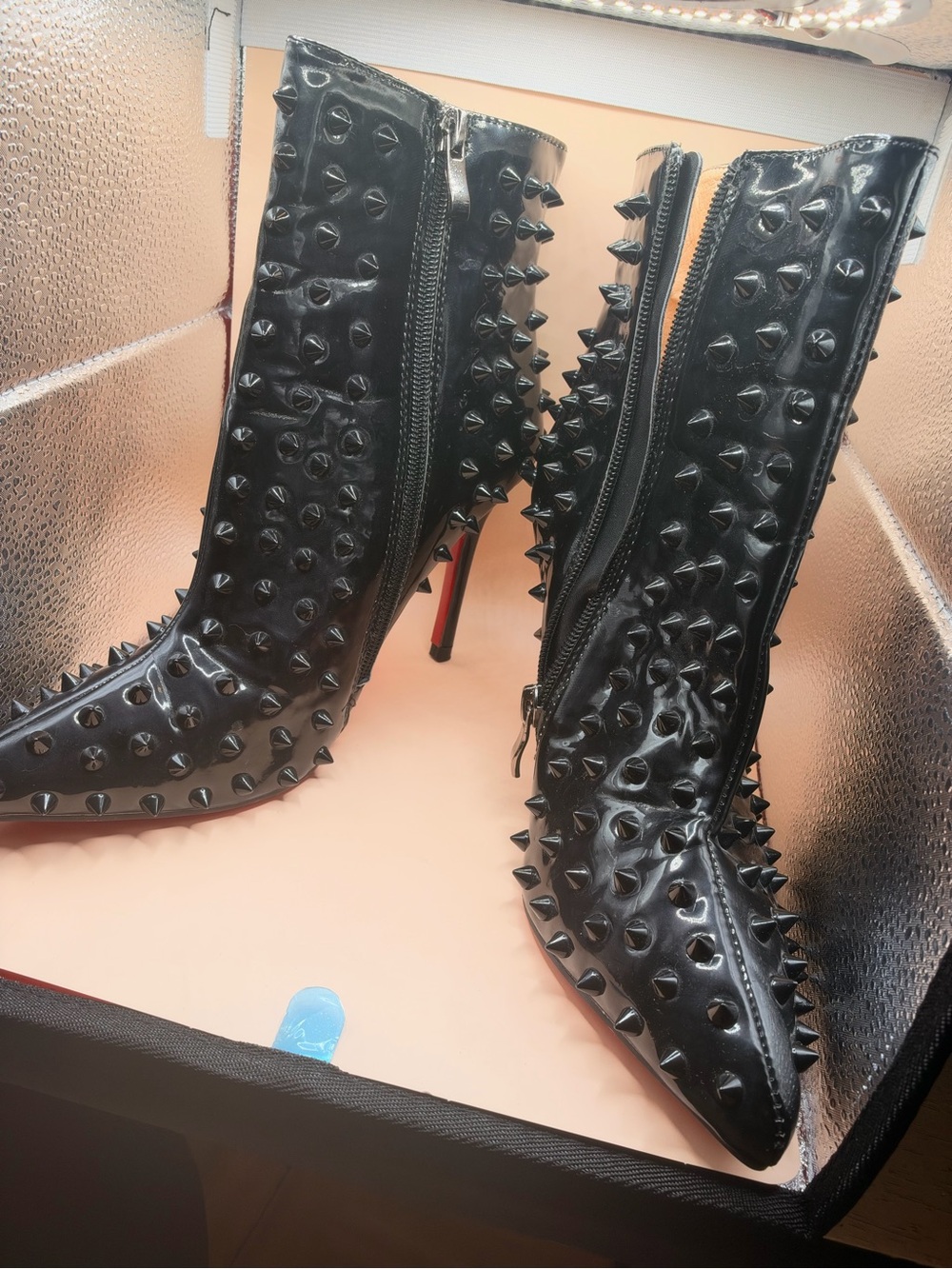 Christian Louboutin Black Spiked Patent Stiletto Ankle Boots
